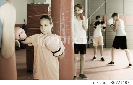 Girl with boxing gloves posing in defended stance Girl with boxing gloves posing in defended stance 36729508