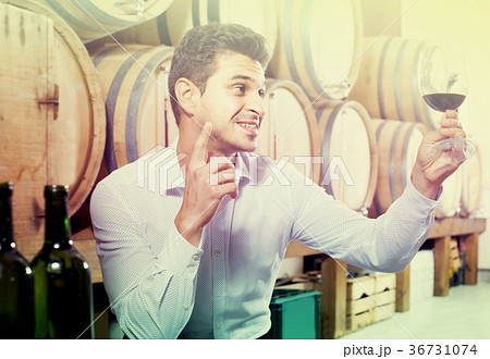 portrait of man tasting wine sample in glass in alcohol section with woods 36731074