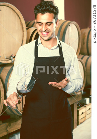 male seller holding glass on wine in cellar . male seller holding glass on wine in cellar . 36731578
