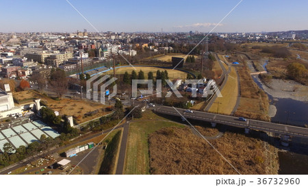 ドローンで上空から撮影した 日野橋 市営立川球場 東京都立川市 の写真素材