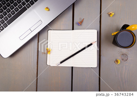Notebook, coffee and flowers for female home Notebook, coffee and flowers for female home 36743284