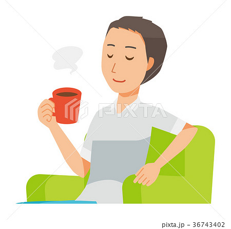 半袖のシャツを着た男性がソファーに座ってコーヒーを飲んでいるのイラスト素材