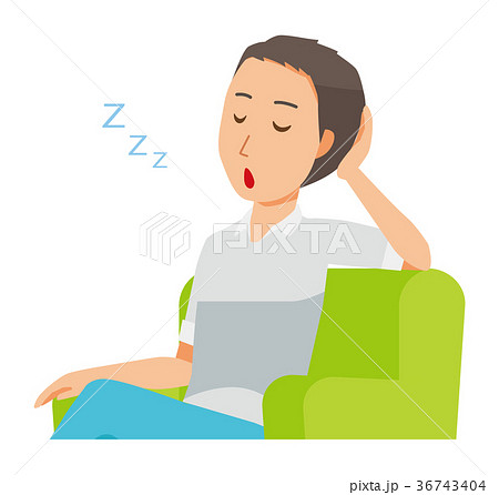 半袖のシャツを着た男性がソファーに座って居眠りをしているのイラスト素材