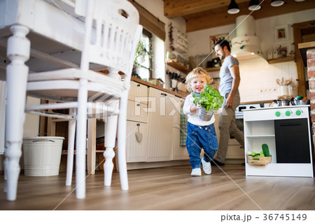 Young father with a toddler boy cooking. 36745149