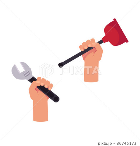 vector man hand holding wrench, plunger, sink vector man hand holding wrench, plunger, sink 36745173