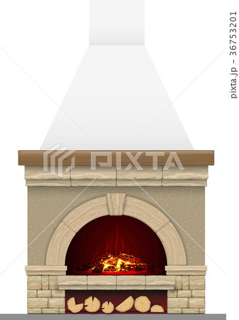 Ancient brick hearth with fire 36753201