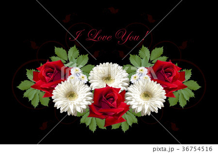 Greeting card with  roses and  gerberas on  blac 36754516