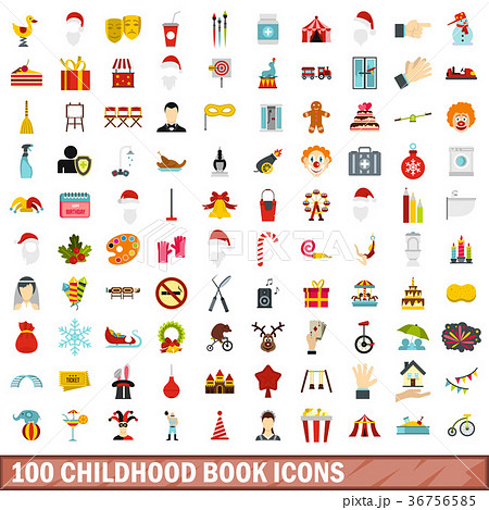 100 childhood book icons set, flat style 100 childhood book icons set, flat style 36756585