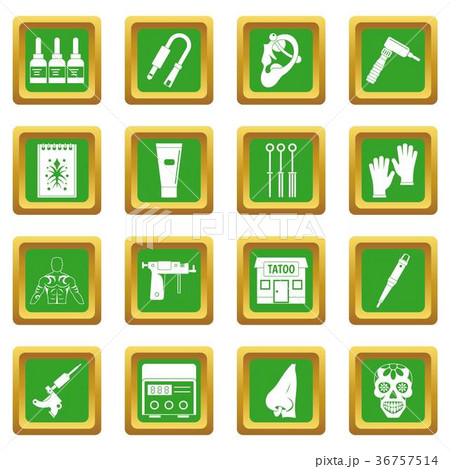 Tattoo parlor icons set green Tattoo parlor icons set green 36757514