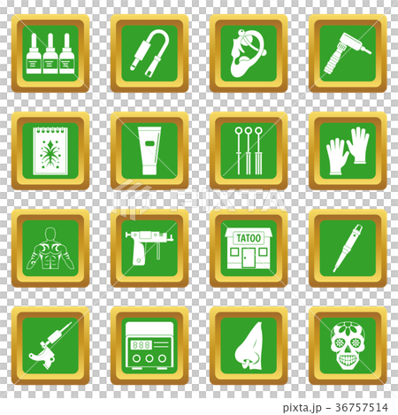 Tattoo parlor icons set green Tattoo parlor icons set green 36757514