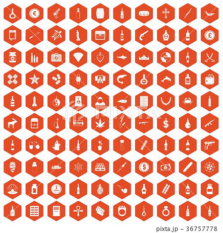 100 Smuggling Goods Icons Hexagon Orangeのイラスト素材