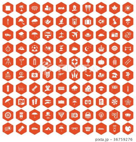 100 Umbrella Icons Hexagon Orangeのイラスト素材