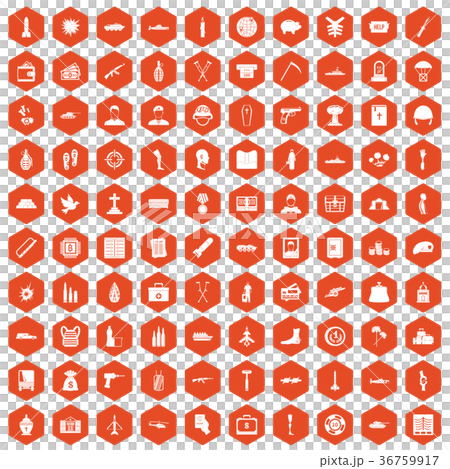 100 war crimes icons hexagon orange 36759917