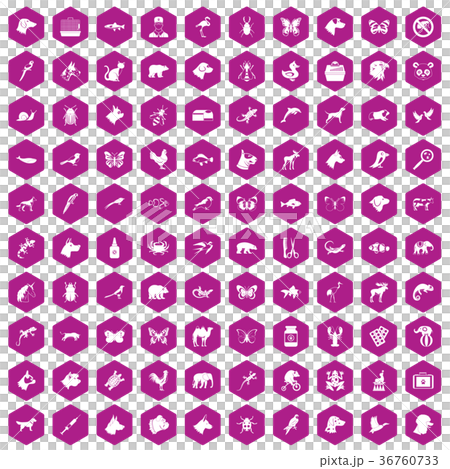 100 animals icons hexagon violet 36760733