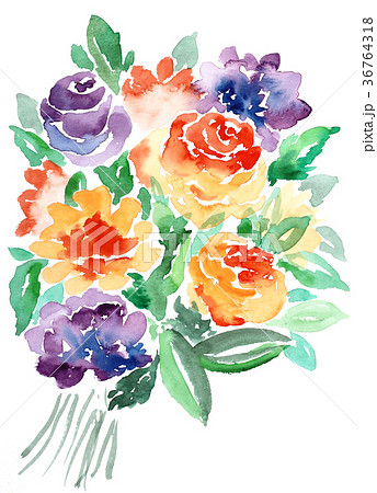 水彩ばら花束オレンジ色バイオレット色薔薇手描きフラワーのイラスト素材