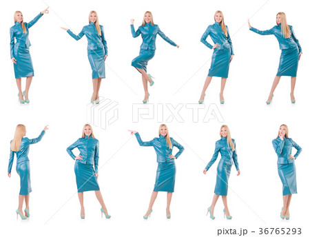 Woman pressing virtual button isolated on white 36765293