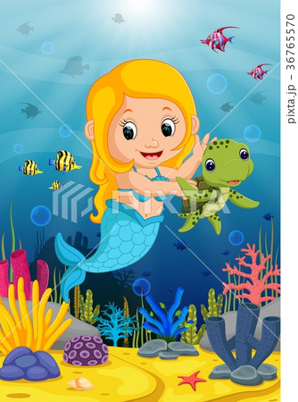 Cartoon mermaid underwater wtih turtle 36765570