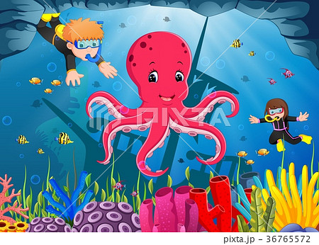 cute octopus under the sea with boy and girl cute octopus under the sea with boy and girl 36765572