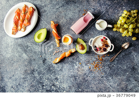 Breakfast set with salmon and yogurt 36779049