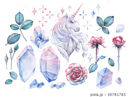 Watercolor design with unicorn and rose vignette Watercolor design with unicorn and rose vignette 36781783