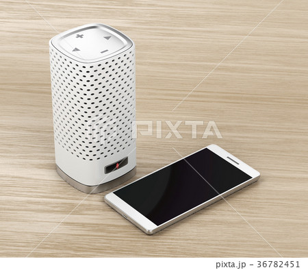Speaker and smartphone on wood background Speaker and smartphone on wood background 36782451