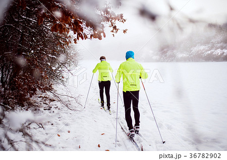 Senior couple cross-country skiing. 36782902
