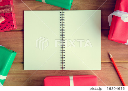 top view christmas gift box on wood table 36804656
