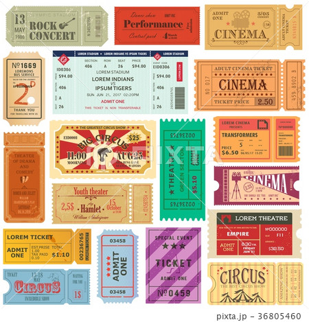 Set of old isolated tickets for cinema or theater Set of old isolated tickets for cinema or theater 36805460