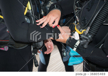 scuba diving. buddy check. Divers check equipment  36805469