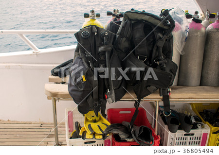 diving equipments. balloons, aqualungs, fins, flip 36805494