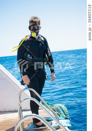 Handsome diver in diving equipment stands on a yac 36805518