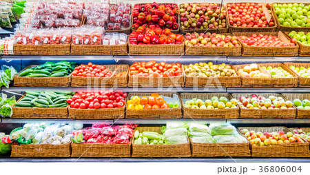 Fresh fruits and vegetables on shelf in market Fresh fruits and vegetables on shelf in market 36806004