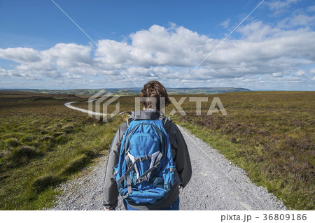 Ireland, Cavan County, Cuilcagh Mountain Park, Woman hiking along road Ireland, Cavan County, Cuilcagh Mountain Park, Woman hiking along road 36809186