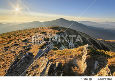 Ukraine, Zakarpattia region, Carpathians, Chornohora, mountain Petros, Blue sky over mountain Hoverla 36809408