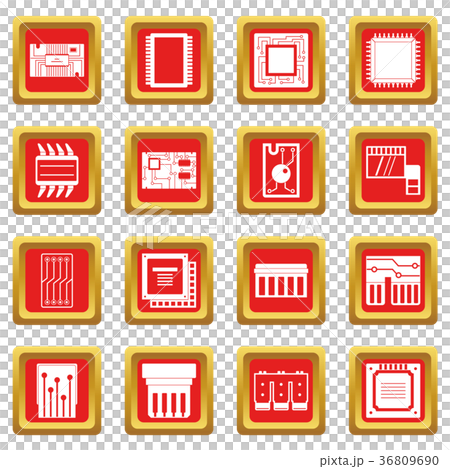 Computer chips icons set red Computer chips icons set red 36809690