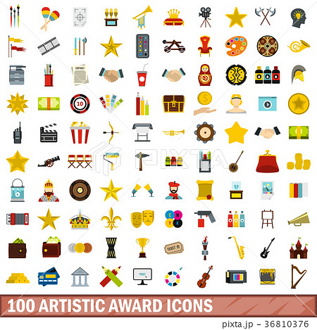 100 artistic award icons set, flat style 36810376