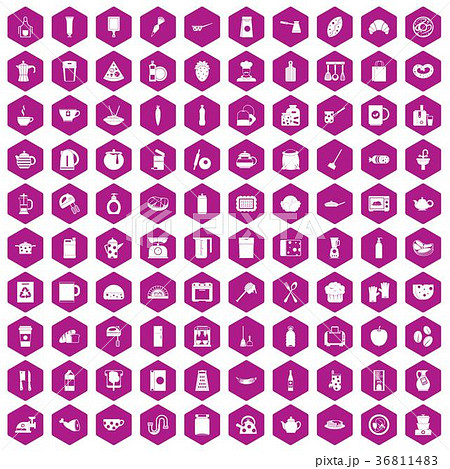 100 kitchen icons hexagon violet 36811483