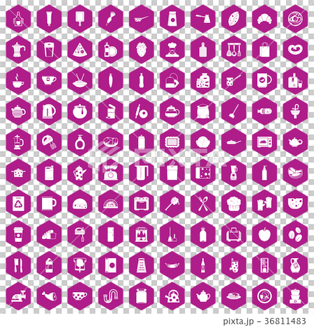 100 kitchen icons hexagon violet 36811483