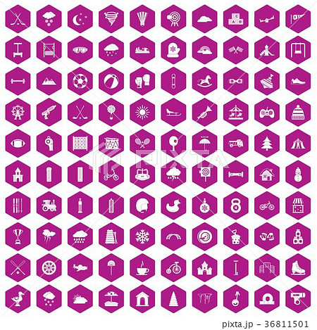 100 kids games icons hexagon violet 36811501