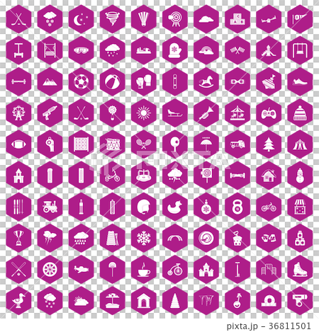 100 kids games icons hexagon violet 36811501