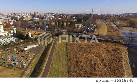 ドローンで上空から撮影した 日野橋 市営立川球場 東京都立川市 の写真素材