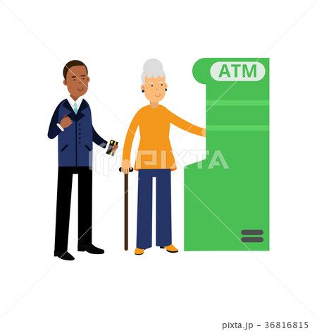 Bank employee helping elderly woman to use ATM 36816815