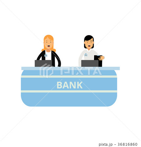 Cheerful banking workers standing behind counter Cheerful banking workers standing behind counter 36816860