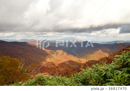 二ツ森山頂から 白神山地の山並みと岩木山の紅葉の写真素材