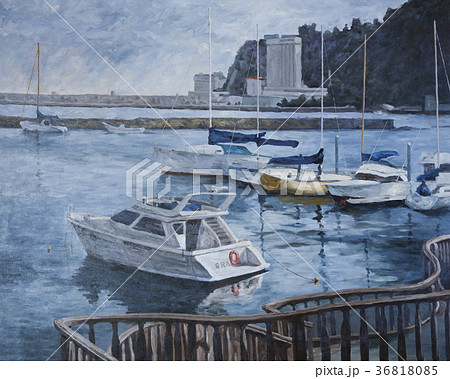 222 絵画 油彩 油絵 風景画 作者不明 港町 熱海風景-