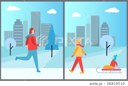 Man Skiing and Woman with Kid Vector Illustration 36819510