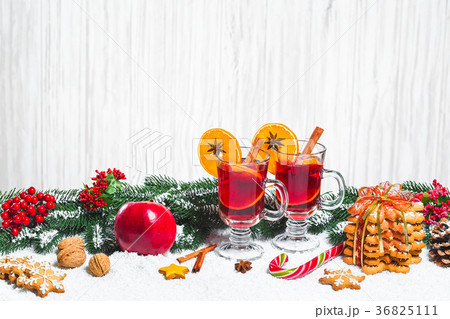 Christmas glass of red mulled wine on table  36825111
