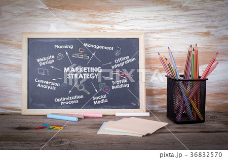 marketing strategy concept. Chart with keywords and icons. Old wooden table with texture marketing strategy concept. Chart with keywords and icons. Old wooden table with texture 36832570