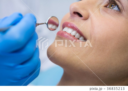 Dentist holding angled mirror by smiling woman at clinic 36835213