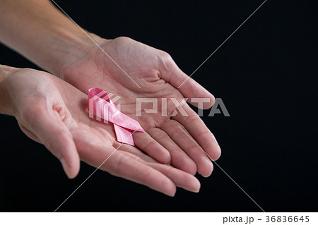 Cropped image of hands holding pink ribbon Cropped image of hands holding pink ribbon 36836645
